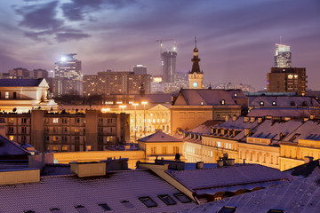 Naklejka premium City of Warsaw Night Winter Cityscape