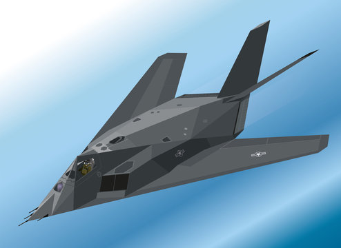 Detailed Isometric Illustration of an F-117 Nighthawk Stealth Fighter Airborne