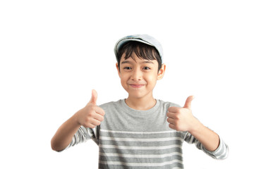 Little boy pose portrait with thump up on white background