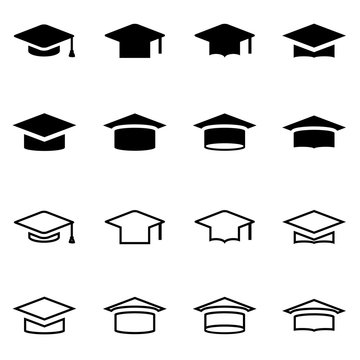 Vector black academic cap icon set