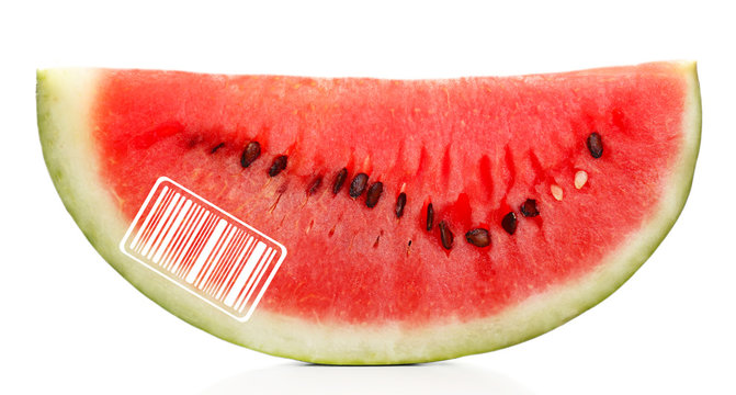 Fresh slice of watermelon with barcode, isolated on white