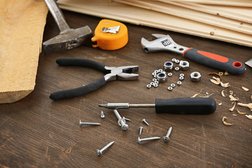 Workplace with construction tools close up