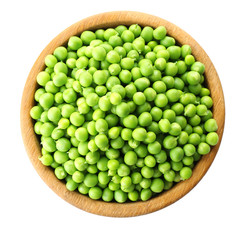 Fresh green peas in bowl isolated on white