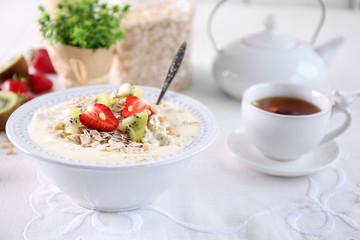 Healthy breakfast with homemade oatmeal, close up