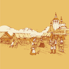 Russian old fair bazaar vector drawing