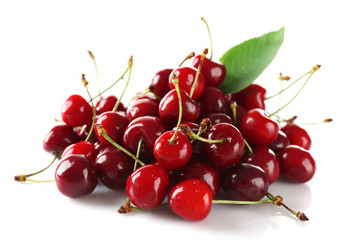 Pile of fresh cherries isolated on white