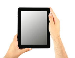 Male hands holding tablet isolated on white