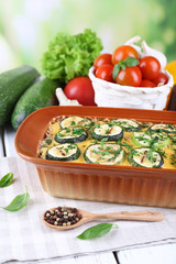 Casserole with vegetable mallow on table, closeup