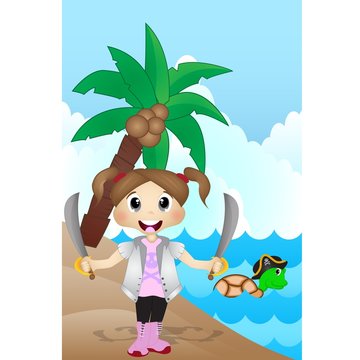Little Pirate on Beach Cartoon Vector