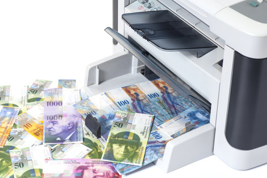 Printer printing fake Swiss francs, currency of switzerland