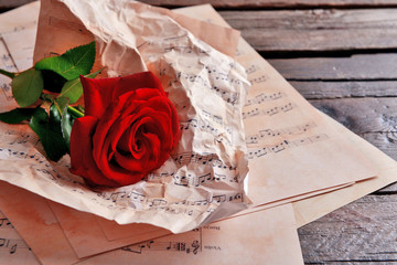 Beautiful rose on crumpled music sheets on wooden table, closeup