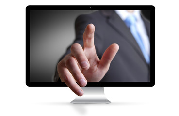 Businessman escaping from computer