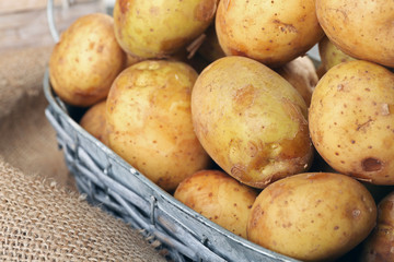 Young potatoes in baskets close up