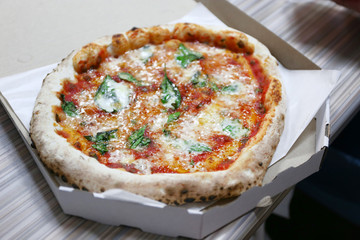 Delicious pizza in box, closeup