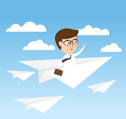 Businessman on paper airplane flying to success, business concept vector