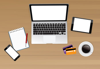 Computer desk top view, workplace cartoon, business concept, vector