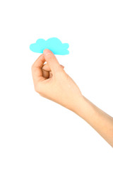 Hand holding paper, isolated on white. Cloud computing concept.