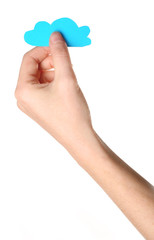 Hand holding paper, isolated on white. Cloud computing concept.