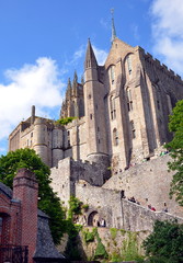 Fototapeta na wymiar Ancient village on Mont Saint Michel, traditional stone building, France