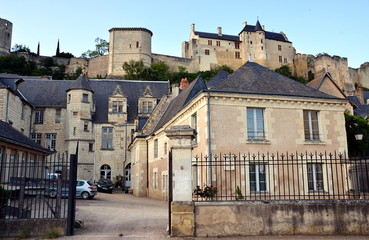 Fototapeta na wymiar Streets of Chinon city with view on the castle, France