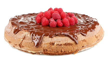 Cake with Chocolate Glaze and raspberries isolated on white