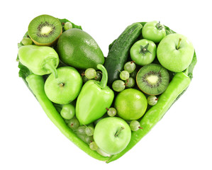 Fresh green vegetables in shape of heart isolated on white
