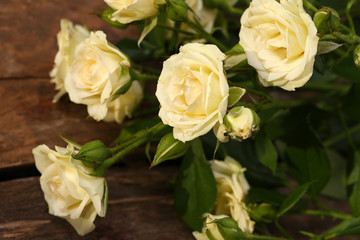 Beautiful small roses on wooden table close up