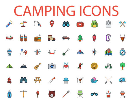 Camping flat vector icon set