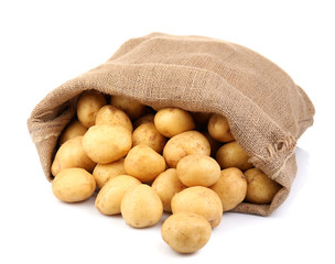 New potatoes in sackcloth bag isolated on white