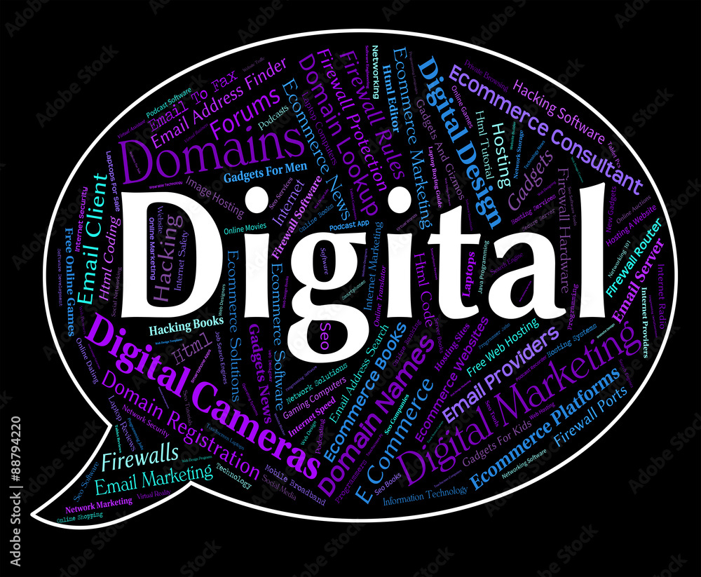 Aufkleber digital word shows high tec and computing