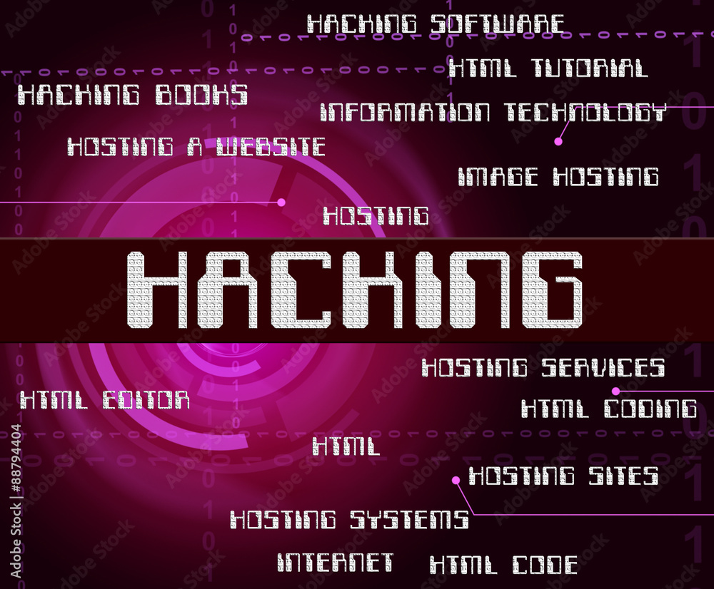 Poster hacking word represents crime malware and security