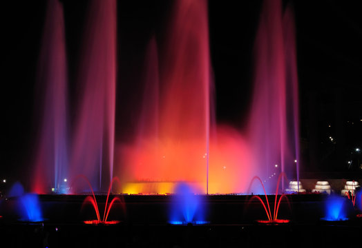 Night show of singing fountains in Barcelona. Spain.  