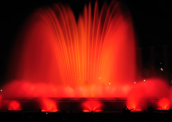  Magic Fountain of Montju&iuml;c in red color. Barcelona. Spain.  