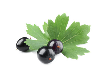 Heap of wild black currant with green leaves isolated on white