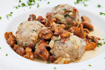 Close up von Semmelknödel mit Pfifferlingen in Rahm