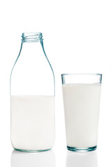Milchflasche und gefülltes Trinkglas