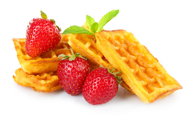 Sweet homemade waffles and fresh berries isolated on white