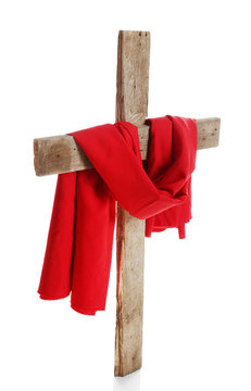 Cross with red cloth, isolated on white