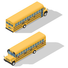 School bus detailed isometric icons set frond and rear view