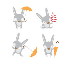 Set with four cute cartoon hares in different poses.