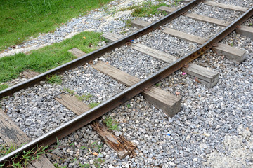 Fototapeta premium outdoor, way, stone, steel, green, white, travel, iron, line, infrastructure, rail, wood, long, railway, transportation, track, wooden, background, path, nature, journey, railroad, landscape