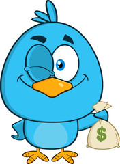 Winking Blue Bird Character Holding A Bag Of Money
