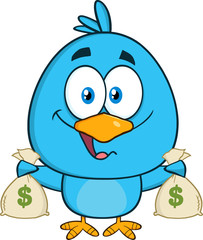 Happy Blue Bird Character Holding A Bags Of Money