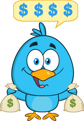 Happy Blue Bird Character Holding A Bags Of Money With Speech Bubble