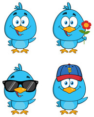 Cute Blue Bird Cartoon Character 2. Collection Set