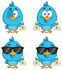 Cute Blue Bird Cartoon Character 3. Collection Set