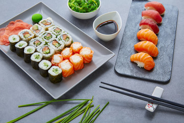 Sushi Maki and Niguiri soy sauce and wasabi