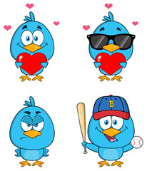 Cute Blue Bird Cartoon Character 5. Collection Set