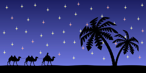 Man with camels in the night sky.