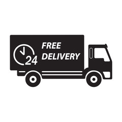 Free delivery icon, vector symbol car carrying cargo, 24 hour.